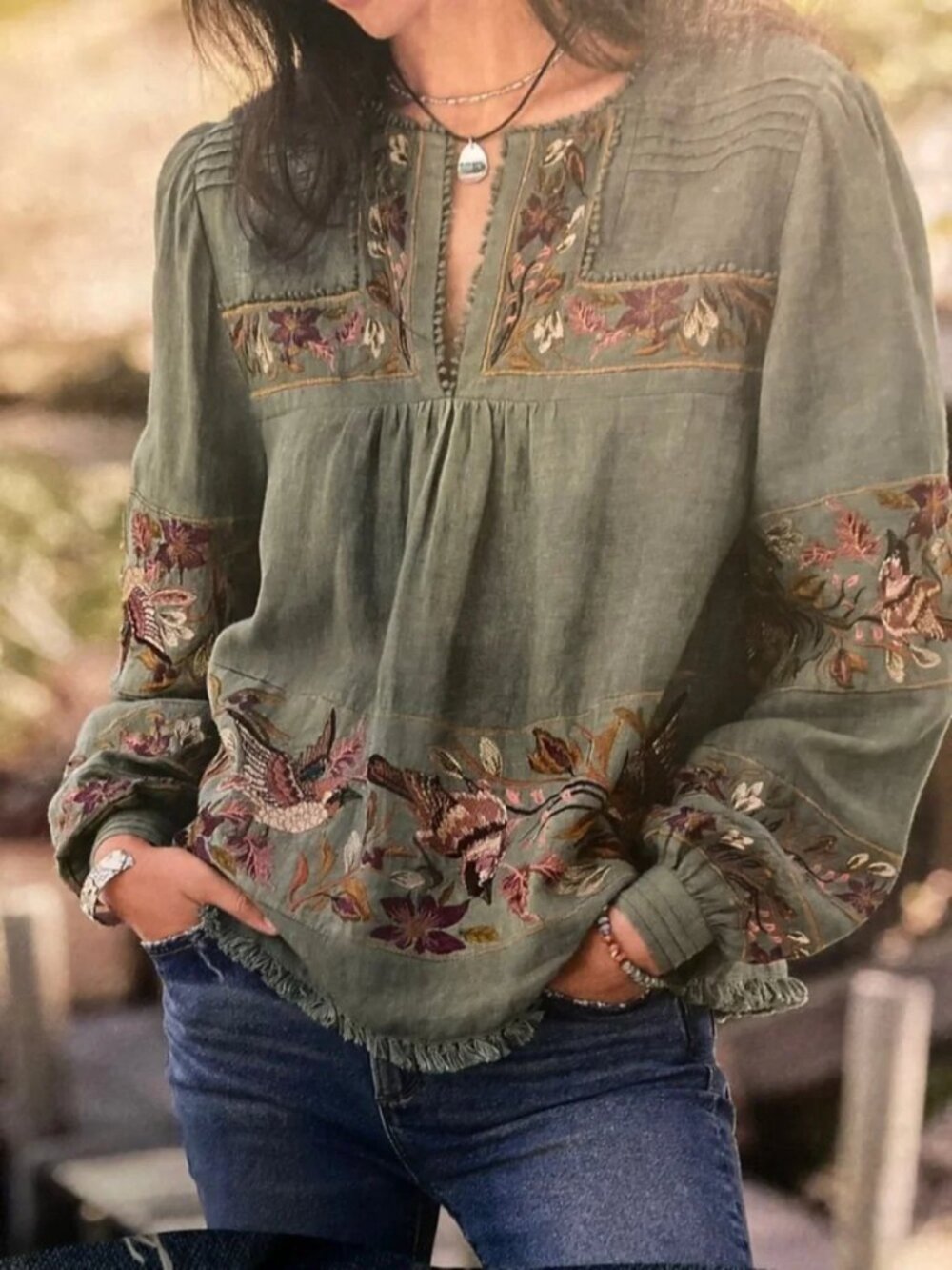 Sundance Bird Embroidered Linen Blouse Romantic Prairie Cottagecore Boho Green S